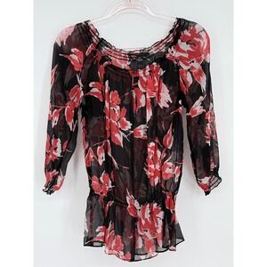 INC International Concepts Floral Print Silk Top Blouse Black Red Size 6P Petite